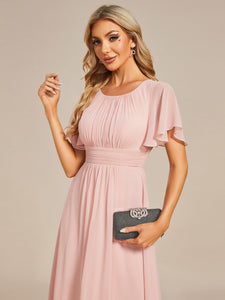 Color=Pink | Graceful Lotus Leaf Pleated A-Line Knee Length Round Neckline Short Sleeves Wholesale Wedding Guest Dress-Pink 