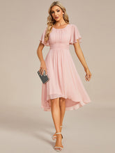 Load image into Gallery viewer, Color=Pink | Graceful Lotus Leaf Pleated A-Line Knee Length Round Neckline Short Sleeves Wholesale Wedding Guest Dress-Pink 