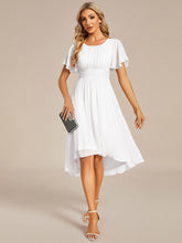 Load image into Gallery viewer, Color=White | Graceful Lotus Leaf Pleated A-Line Knee Length Round Neckline Short Sleeves Wholesale Wedding Guest Dress-White 4