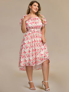 Color=white red | Plus Graceful Lotus Leaf Pleated A-Line Knee Length Round Neckline Short Sleeves Wholesale Wedding Guest Dress-white red 81