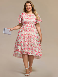 Color=white red | Plus Graceful Lotus Leaf Pleated A-Line Knee Length Round Neckline Short Sleeves Wholesale Wedding Guest Dress-white red 82