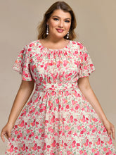Load image into Gallery viewer, Color=white red | Plus Graceful Lotus Leaf Pleated A-Line Knee Length Round Neckline Short Sleeves Wholesale Wedding Guest Dress-white red 83