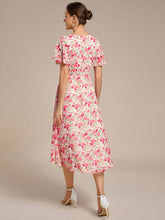 Load image into Gallery viewer, Color=white red | Graceful Lotus Leaf Pleated A-Line Knee Length Round Neckline Short Sleeves Wholesale Wedding Guest Dress-white red 87