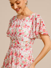 Load image into Gallery viewer, Color=white red | Graceful Lotus Leaf Pleated A-Line Knee Length Round Neckline Short Sleeves Wholesale Wedding Guest Dress-white red 90