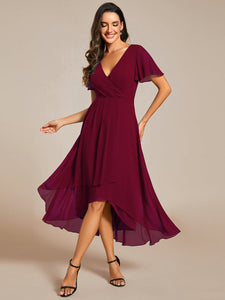 Color=Burgundy | V-Neck Midi Chiffon Wedding Guest Dresses with Ruffles Sleeve-Burgundy 1