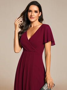 Color=Burgundy | V-Neck Midi Chiffon Wedding Guest Dresses with Ruffles Sleeve-Burgundy 3