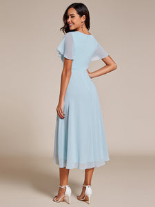 Color=Sky Blue | V-Neck Midi Chiffon Wedding Guest Dresses with Ruffles Sleeve-Sky Blue 2