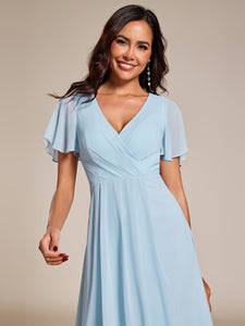 Color=Sky Blue | V-Neck Midi Chiffon Wedding Guest Dresses with Ruffles Sleeve-Sky Blue 4