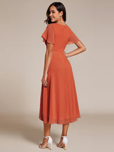 Load image into Gallery viewer, Color=Burnt Orange | V-Neck Midi Chiffon Wedding Guest Dresses with Ruffles Sleeve-Burnt Orange 2