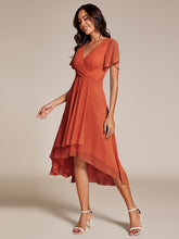 Load image into Gallery viewer, Color=Burnt Orange | V-Neck Midi Chiffon Wedding Guest Dresses with Ruffles Sleeve-Burnt Orange 1