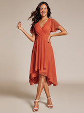 Load image into Gallery viewer, Color=Burnt Orange | V-Neck Midi Chiffon Wedding Guest Dresses with Ruffles Sleeve-Burnt Orange 3