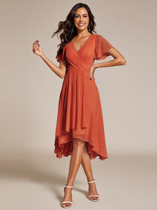 Color=Burnt Orange | V-Neck Midi Chiffon Wedding Guest Dresses with Ruffles Sleeve-Burnt Orange 3