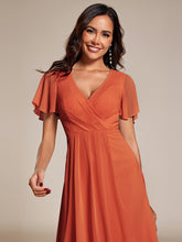 Load image into Gallery viewer, Color=Burnt Orange | V-Neck Midi Chiffon Wedding Guest Dresses with Ruffles Sleeve-Burnt Orange 4