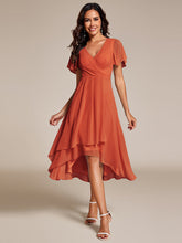 Load image into Gallery viewer, Color=Burnt Orange | V-Neck Midi Chiffon Wedding Guest Dresses with Ruffles Sleeve-Burnt Orange 5