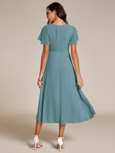 Load image into Gallery viewer, Color=Dusty Blue | V-Neck Midi Chiffon Wedding Guest Dresses with Ruffles Sleeve-Dusty Blue 4