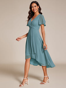 Color=Dusty Blue | V-Neck Midi Chiffon Wedding Guest Dresses with Ruffles Sleeve-Dusty Blue 2