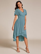 Load image into Gallery viewer, Color=Dusty Blue | V-Neck Midi Chiffon Wedding Guest Dresses with Ruffles Sleeve-Dusty Blue 1