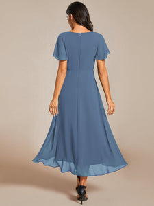 Color=Dusty Navy| V-Neck Midi Chiffon Wedding Guest Dresses with Ruffles Sleeve-Dusty Navy 8