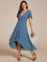 Load image into Gallery viewer, Color=Dusty Navy| V-Neck Midi Chiffon Wedding Guest Dresses with Ruffles Sleeve-Dusty Navy 5