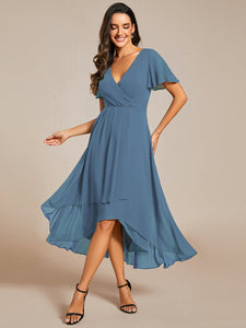 Color=Dusty Navy| V-Neck Midi Chiffon Wedding Guest Dresses with Ruffles Sleeve-Dusty Navy 6