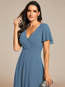 Color=Dusty Navy| V-Neck Midi Chiffon Wedding Guest Dresses with Ruffles Sleeve-Dusty Navy 7