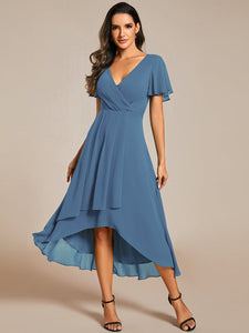 Color=Dusty Navy| V-Neck Midi Chiffon Wedding Guest Dresses with Ruffles Sleeve-Dusty Navy 9