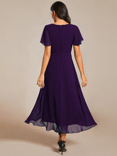 Load image into Gallery viewer, Color=Dark Purple | V-Neck Midi Chiffon Wedding Guest Dresses with Ruffles Sleeve-Dark Purple 5