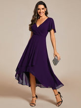 Load image into Gallery viewer, Color=Dark Purple | V-Neck Midi Chiffon Wedding Guest Dresses with Ruffles Sleeve-Dark Purple 4