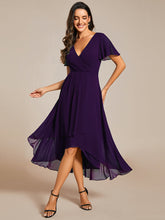 Load image into Gallery viewer, Color=Dark Purple | V-Neck Midi Chiffon Wedding Guest Dresses with Ruffles Sleeve-Dark Purple 3