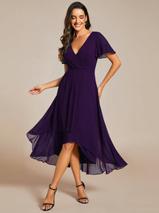 Color=Dark Purple | V-Neck Midi Chiffon Wedding Guest Dresses with Ruffles Sleeve-Dark Purple 3