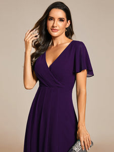 Color=Dark Purple | V-Neck Midi Chiffon Wedding Guest Dresses with Ruffles Sleeve-Dark Purple 2