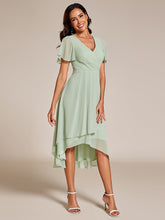 Load image into Gallery viewer, Color=Mint Green | V-Neck Midi Chiffon Wedding Guest Dresses with Ruffles Sleeve-Mint Green 5