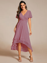 Load image into Gallery viewer, Color=Orchid | V-Neck Midi Chiffon Wedding Guest Dresses with Ruffles Sleeve-Orchid 5