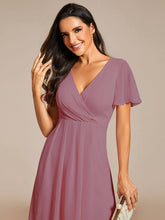 Load image into Gallery viewer, Color=Orchid | V-Neck Midi Chiffon Wedding Guest Dresses with Ruffles Sleeve-Orchid 2