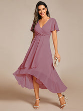 Load image into Gallery viewer, Color=Orchid | V-Neck Midi Chiffon Wedding Guest Dresses with Ruffles Sleeve-Orchid 4