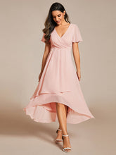 Load image into Gallery viewer, Color=Pink | V-Neck Midi Chiffon Wedding Guest Dresses with Ruffles Sleeve-Pink 3