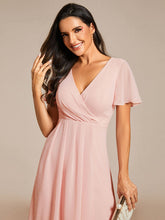 Load image into Gallery viewer, Color=Pink | V-Neck Midi Chiffon Wedding Guest Dresses with Ruffles Sleeve-Pink 2