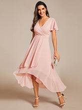 Load image into Gallery viewer, Color=Pink | V-Neck Midi Chiffon Wedding Guest Dresses with Ruffles Sleeve-Pink 4