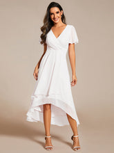 Load image into Gallery viewer, Color=White| V-Neck Midi Chiffon Wedding Guest Dresses with Ruffles Sleeve-White 4