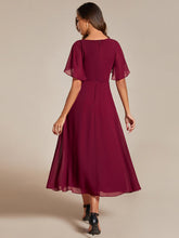 Load image into Gallery viewer, Color=Burgundy | Applique V Neck Tea Length Wedding Guest Dress With Short Sleeves-Burgundy 4