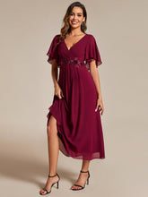 Load image into Gallery viewer, Color=Burgundy | Applique V Neck Tea Length Wedding Guest Dress With Short Sleeves-Burgundy 3