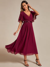 Load image into Gallery viewer, Color=Burgundy | Applique V Neck Tea Length Wedding Guest Dress With Short Sleeves-Burgundy 1