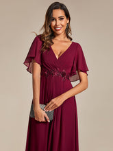 Load image into Gallery viewer, Color=Burgundy | Applique V Neck Tea Length Wedding Guest Dress With Short Sleeves-Burgundy 2