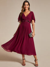 Load image into Gallery viewer, Color=Burgundy | Applique V Neck Tea Length Wedding Guest Dress With Short Sleeves-Burgundy 5