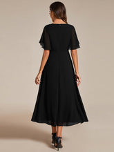 Load image into Gallery viewer, Color=Black | Applique V Neck Tea Length Wedding Guest Dress With Short Sleeves-Black 16