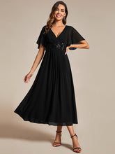 Load image into Gallery viewer, Color=Black | Applique V Neck Tea Length Wedding Guest Dress With Short Sleeves-Black 15