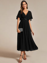 Load image into Gallery viewer, Color=Black | Applique V Neck Tea Length Wedding Guest Dress With Short Sleeves-Black 13