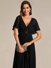 Load image into Gallery viewer, Color=Black | Applique V Neck Tea Length Wedding Guest Dress With Short Sleeves-Black 14