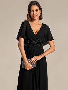 Color=Black | Applique V Neck Tea Length Wedding Guest Dress With Short Sleeves-Black 14