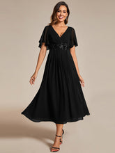 Load image into Gallery viewer, Color=Black | Applique V Neck Tea Length Wedding Guest Dress With Short Sleeves-Black 17